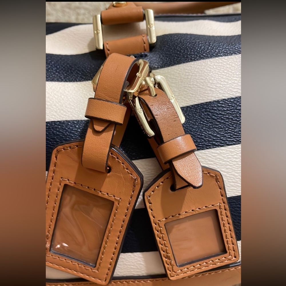 Tory Burch Navy and White Striped Satchel with Tan Trim - Picture 8 of 13
